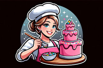 design super unique young woman decorating a three tiered pink cake mascot logo