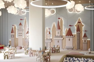 render photorealistic daycare interior, kids room design, playground, class room