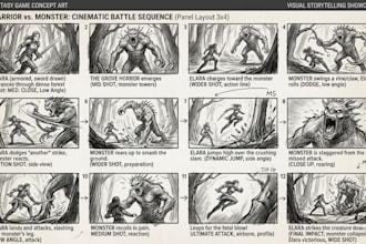 create cinematic rpg fantasy game storyboard illustrations