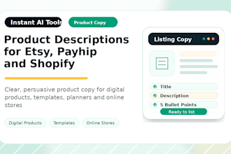 write product descriptions for etsy payhip and shopify