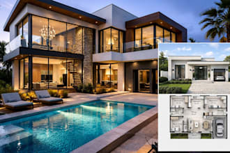 design luxury villa interior, exterior, and realistic 3d render