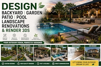 design backyard, garden, patio, pool, landscape, renovations, and render 3ds