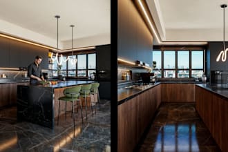 design a modern high end kitchen space and functional layout