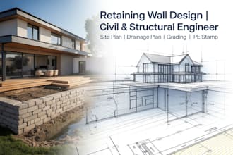 retaining wall design, site plan, structural design drainage plan, slab, deck au