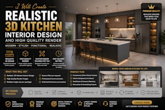 create realistic 3d kitchen interior design and high quality render