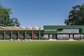 commercial fitness club, complex court layout, reception lounge, exterior render