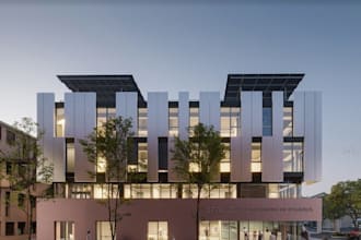 build university school exterior,campus simulator,glass facade,academy elevation