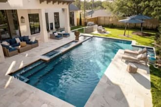 design modern swimming pool, patio, and outdoor living space