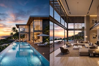 do luxury villa design, realistic 3d rendering, and architectural walkthrough