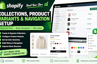 set up shopify collections, product variants and navigation