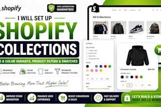 set up shopify collections, size and color variants, product filters swatches