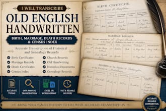 transcribe old english handwritten birth, marriage, death records