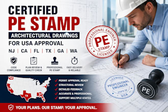 certify pe stamp architectural drawings for USA nj ca fl tx ga wa approval