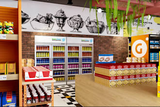 design 3d interior supermarket, grocery store, mall ,food mart 3d rendering