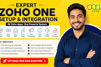 setup zoho one, zoho crm, mail, desk, campaign sign, flow, creator, analytics