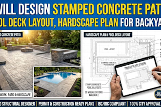 design stamped concrete patio, pool deck layout, hardscape plan for backyard
