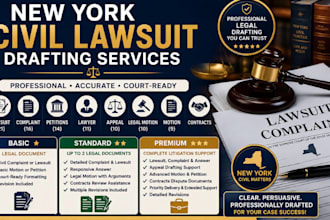 draft new york civil lawsuit, complaint, appeals, motion, answer, petitions