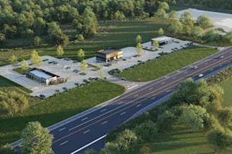 build 3d industry apartment, commercial estate, drive thru layout, cgi landscape