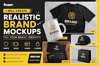 create realistic brand mockups of your logo on shirts, mugs, cards and more