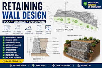 design retaining wall plan with drainage detail and cad drawing