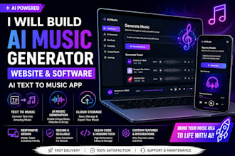 build ai music generator website, software music website, ai text to music app