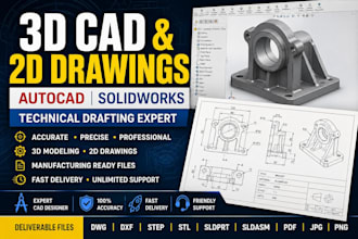 create 3d cad and 2d cad drawings or technical drafts in autocad and solidworks