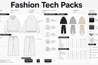 design streetwear clothing sketch, fashion tech pack, and technical flat sketch