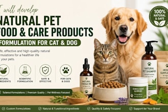 develop natural pet, food care products formulation for cat and dog