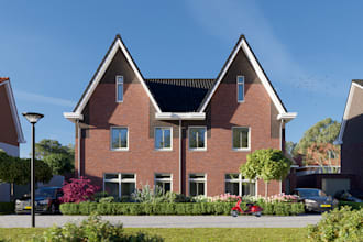 produce photoreal 3d render from elevation drawing, uk building cgi visual, dwg