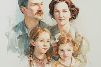 watercolor family portrait painting from combine photo in watercolor style