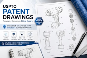 create uspto compliant patent drawings, technical line art for utility patents