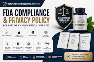 write fda compliance, privacy policy for peptide and nutraceutical websites