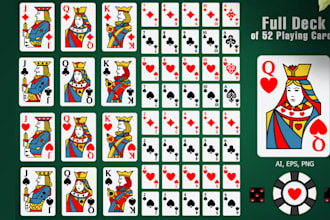 draw full deck 52 playing cards, poker cards, joker cards with tuck box design