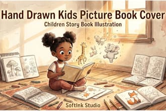 do children story book illustration, hand drawn kids picture book cover design