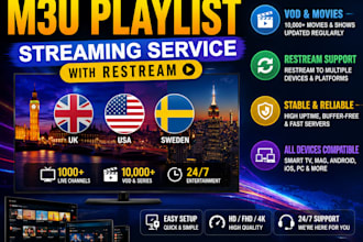 provide best UK, USA, sweden, m3u playlist, streaming service, with restream