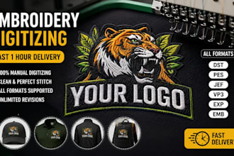 digitize logo for embroidery dst, pes, vp3, jef, exp, emb fast in 1 hour