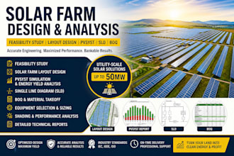 design solar farm layout, feasibility study, pvsyst simulation, sld, and boq