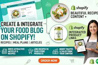 setup shopify recipe kit app or food blog layout design
