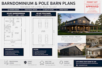 draw barndominium and pole barn plans with permit stamp and realistic 3d render