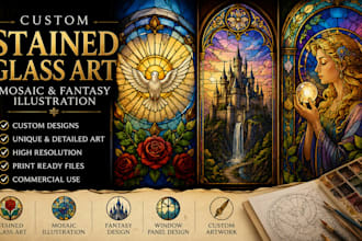 create custom stained glass art, mosaic and fantasy illustration