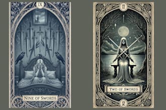 illustrate tarot cards, oracle card deck, board game card, design tuck box