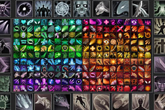 design 2d game assets, rpg fantasy icons, characters, weapons, UI,hud and badges