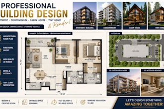 design apartment building, condominium, cabin house tiny building and render