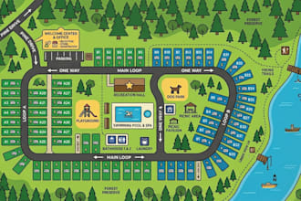 design profitable rv park, campground resort layouts, master plan and render
