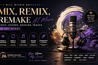 within 24hours, mix, remix, remake ai music, covers, backing tracks in any genre