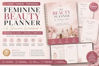 create feminine beauty planner skincare workbook canva template kit