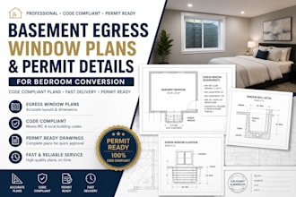 draw basement egress, window plans and permit details for bedroom conversion