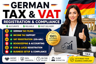 handle german tax filing, income tax, bookkeeping, and german vat registration