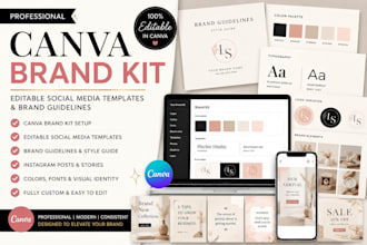 setup canva branding kit, editable social media templates and brand guidelines
