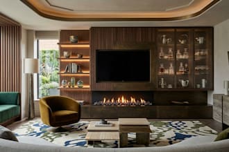create modern TV wall design with realistic 3d rendering fire place media unit